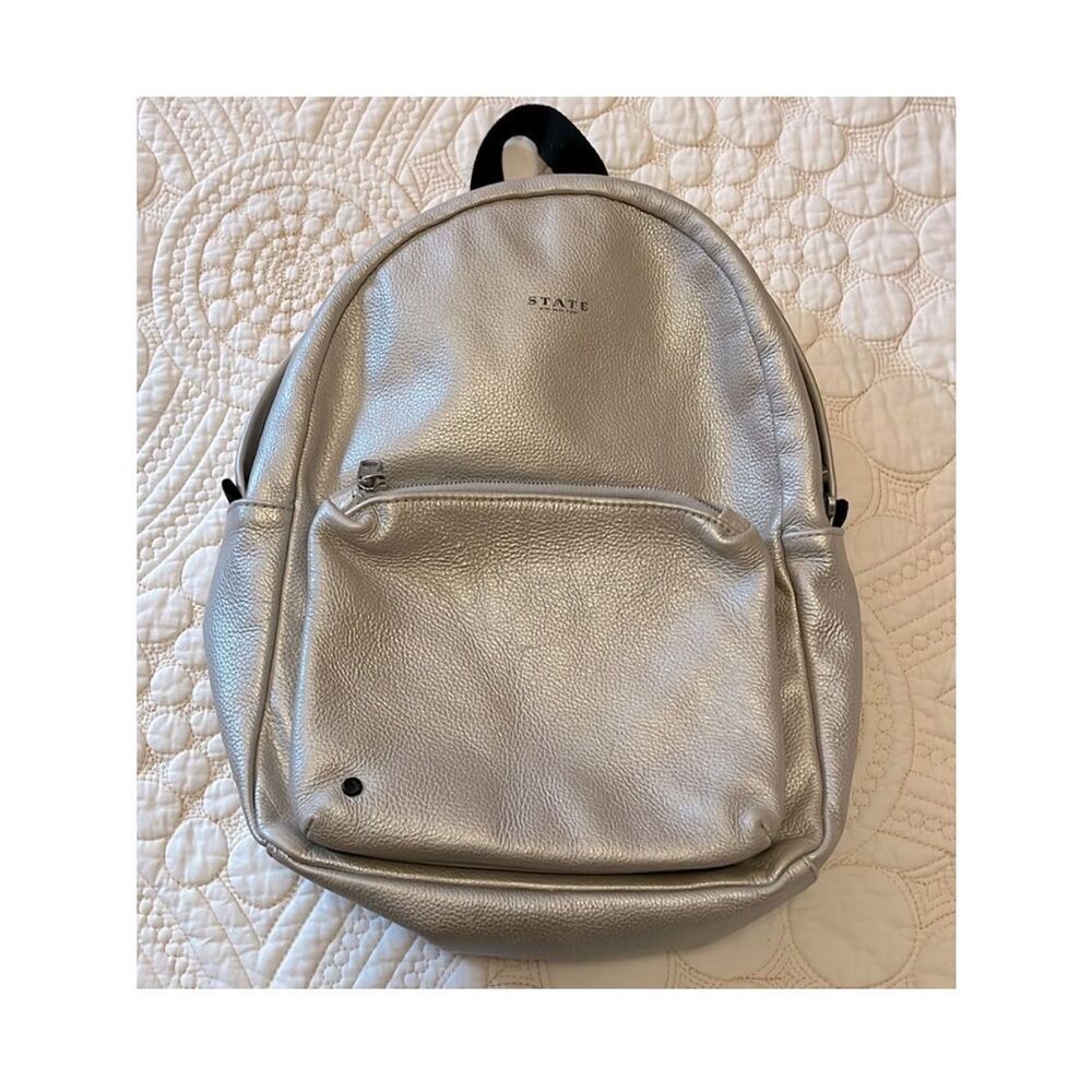 State Bags Kane mini silver metallic leather backpack